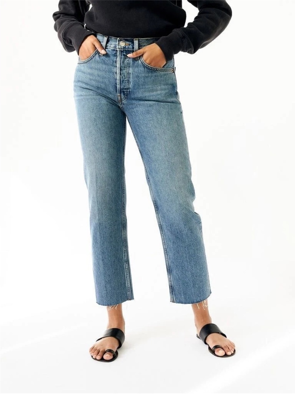 Re/Done Womens Jeans High Rise Stove Pipe Medium Vain Wash Button Fly 26